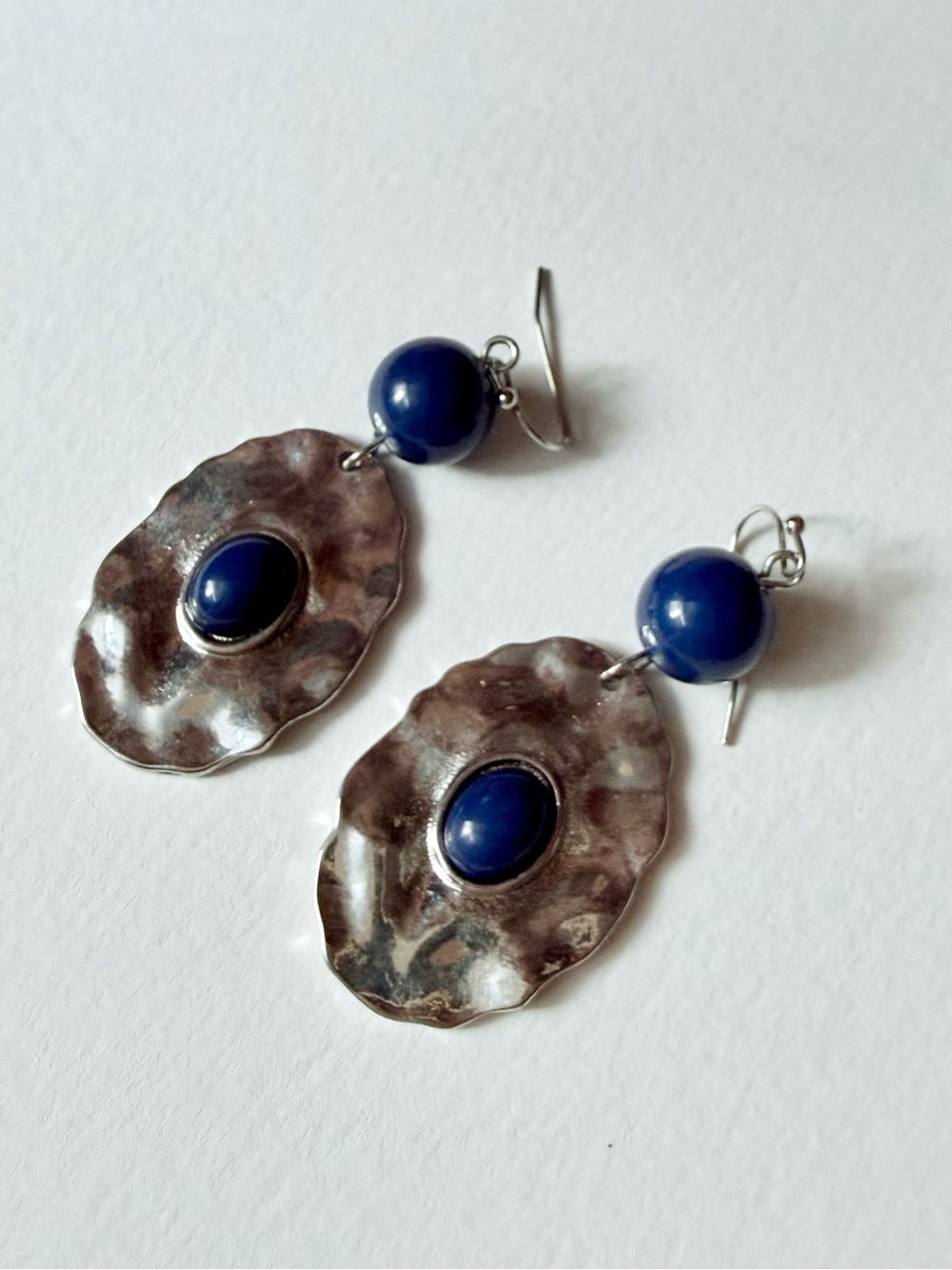 Silver-Tone Hammered Disc & Cobalt Blue Bead Dangle Earrings